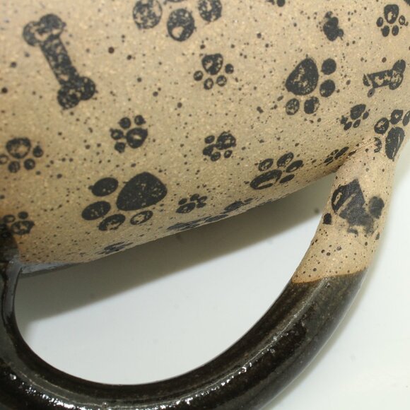 Dog Lovers Mug Dark Brown Tan Paw Print Bones Handmade Pottery Stoneware Mug Cup - Picture 7 of 8